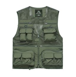 ARMY GREEN Multi-pockets Men's Mesh Fishing Vest Waistcoat L